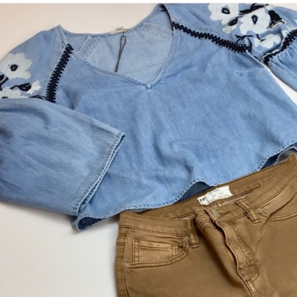 Anthropologie Tops - Denim Embroidered Bell Sleeve Blouse